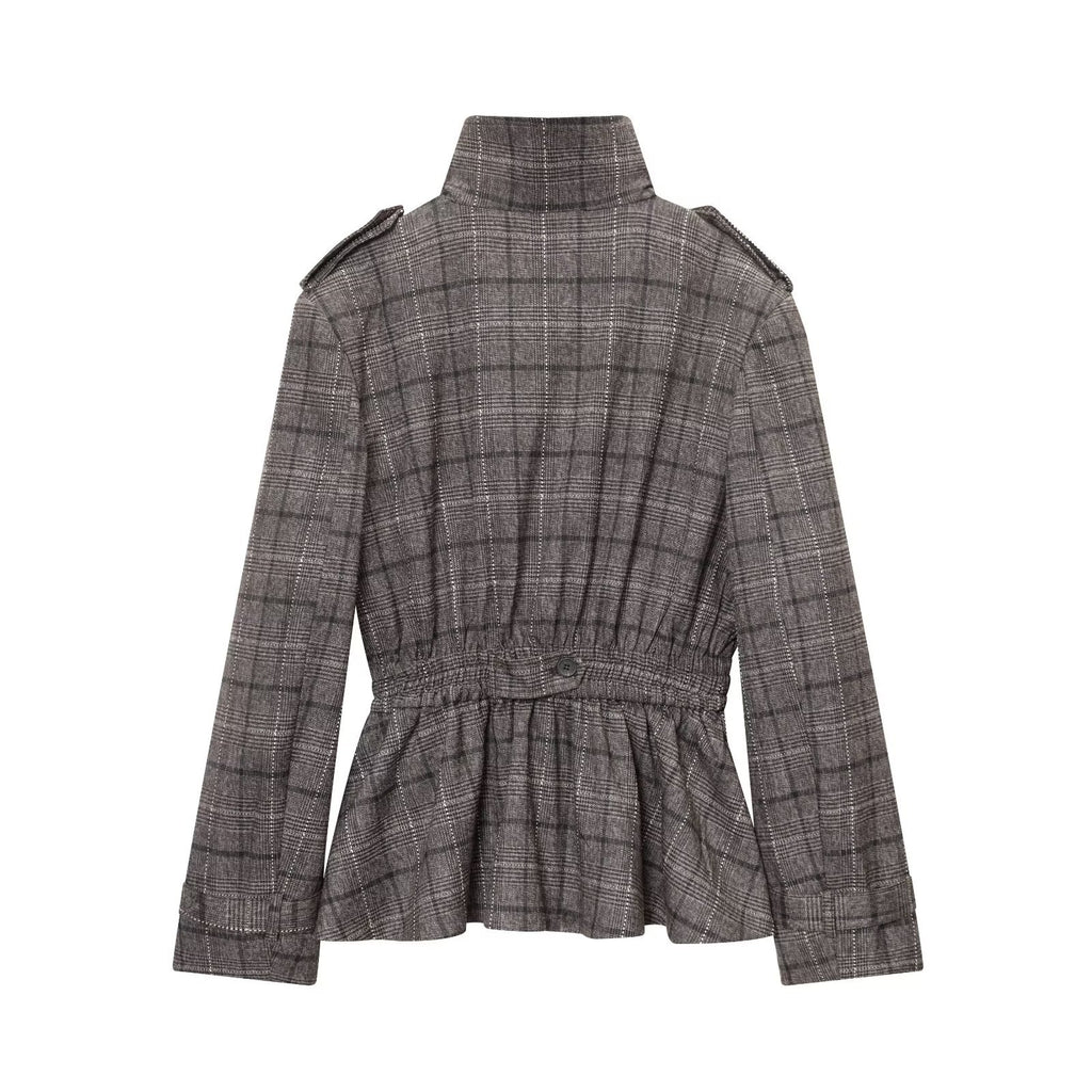 Grid patterned lotus leaf hem jacket+balloon version pants