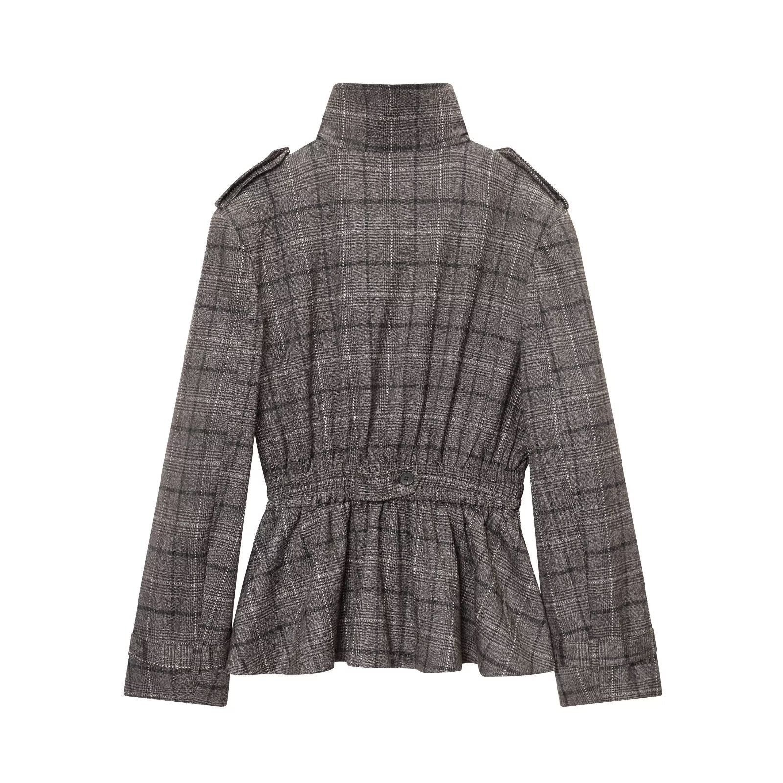 Grid patterned lotus leaf hem jacket+balloon version pants