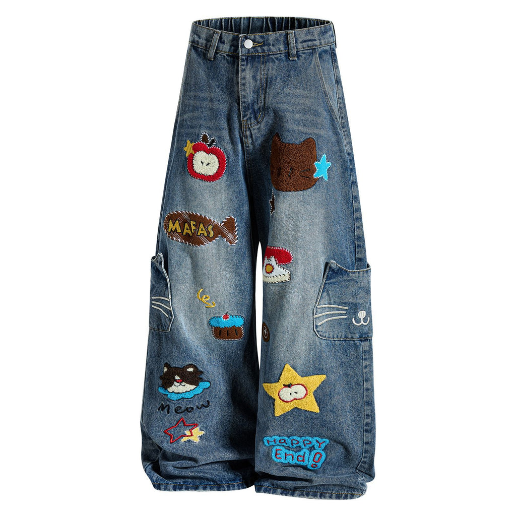 Fun Cartoon Washed Multi-Pocket Design Wide-Leg Jeans