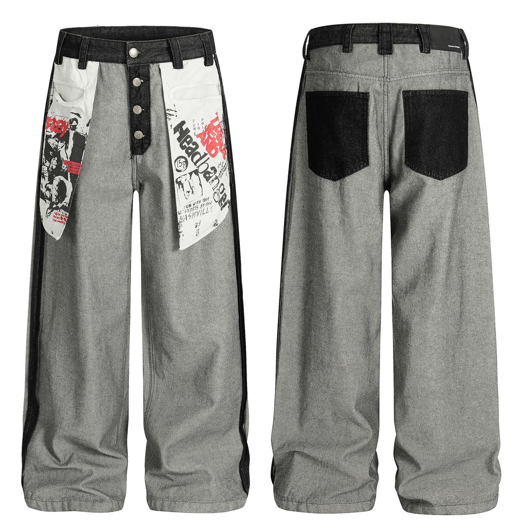 Street Style Printed Deconstructed Asymmetrical Design Loose Fit Unisex Jeans