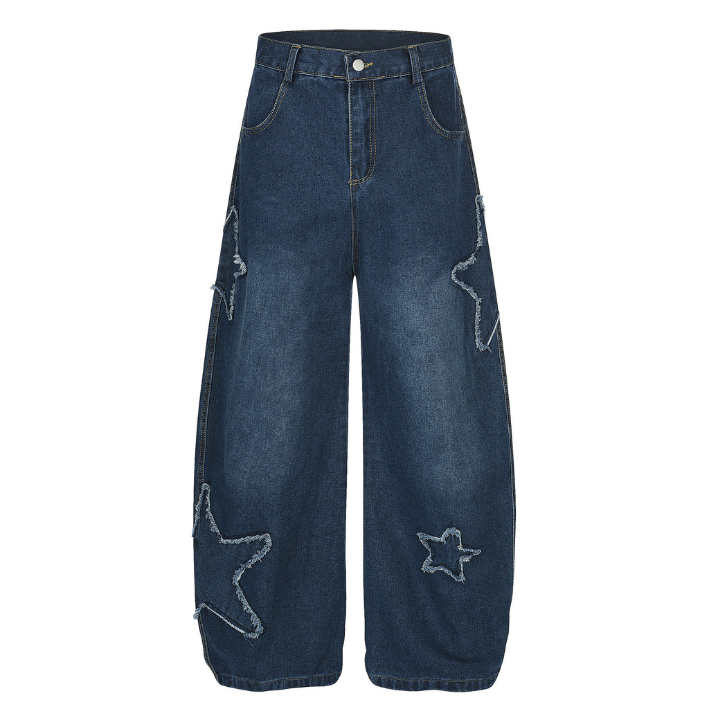 Men's Patchwork Pattern Decorated Cropped Jeans Youth
