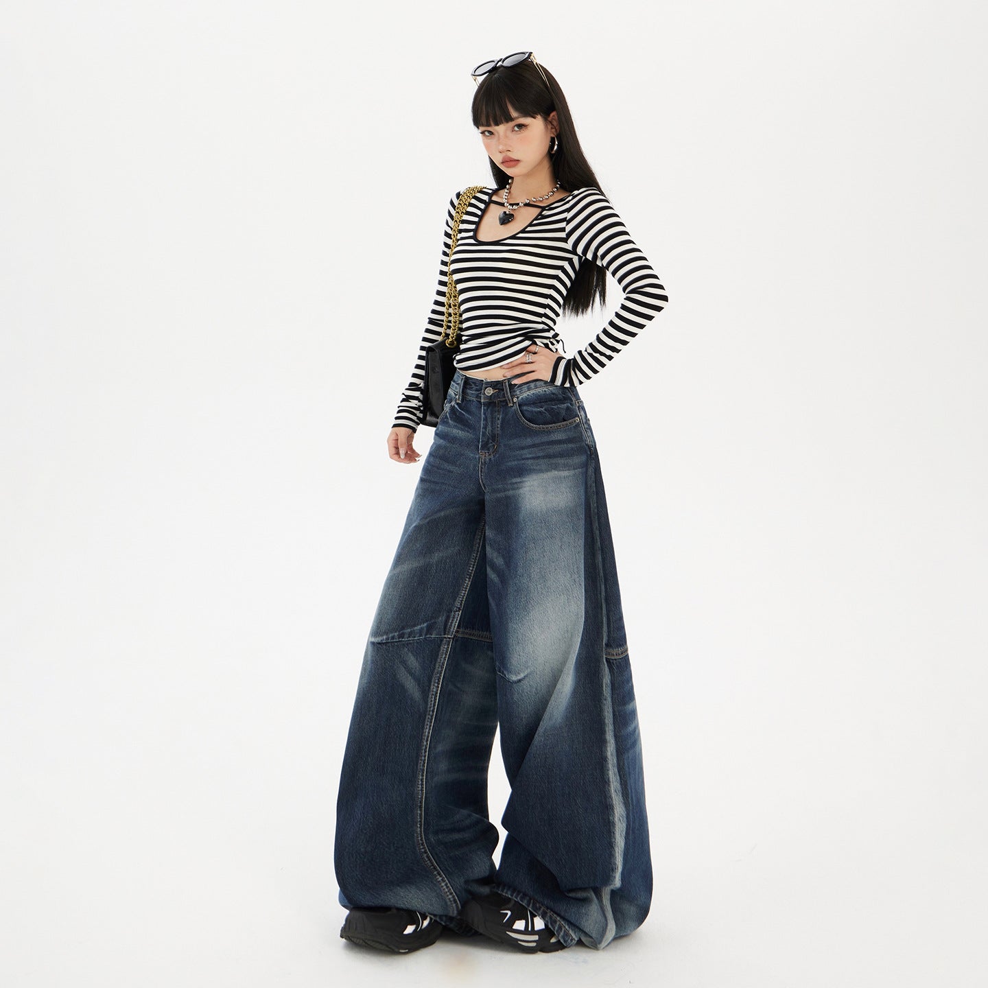 Women's Wide-Leg Jeans Washed Blue Pear-Shaped Slant Pants