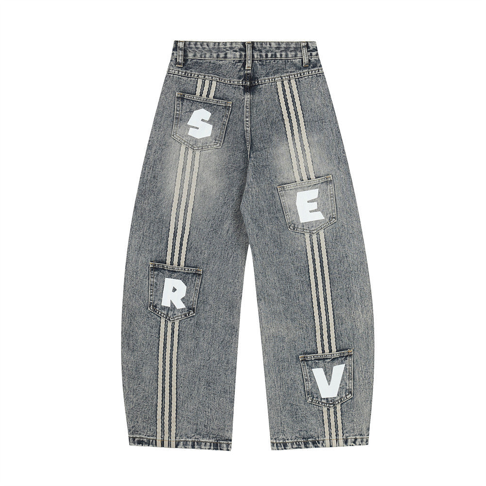 Multi pocket letter curved knife jeans
