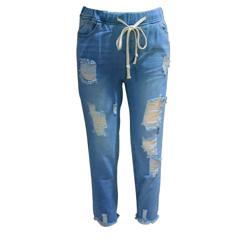 Elastic waist ripped hole small leg jeans for women