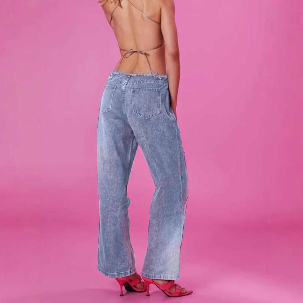 Tie dye ripped straight leg micro flared pants casual jeans