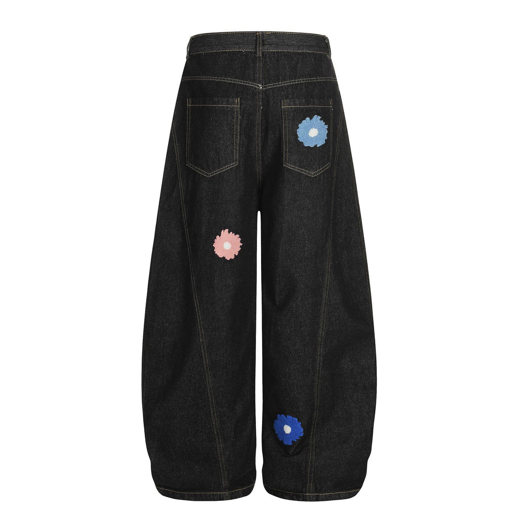 Flower embroidery washed curved knife workwear jeans