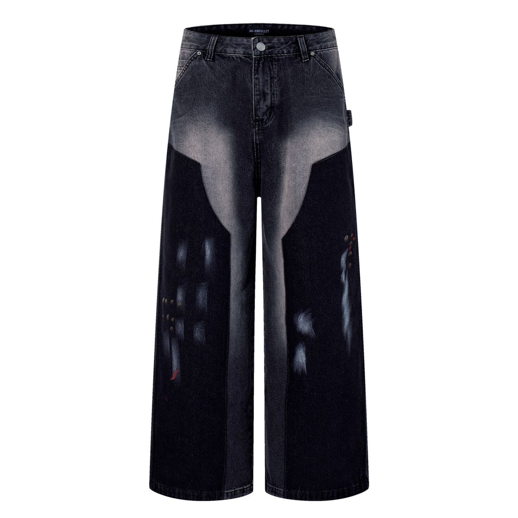 Washed graffiti jeans wide leg pants