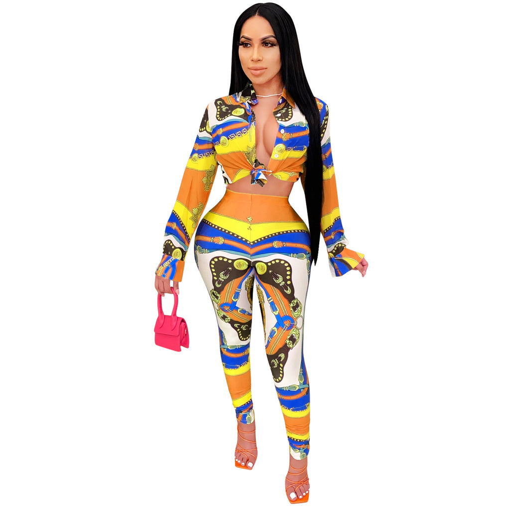 Digital Print Fitted Business Casual Long Sleeve Women's Set