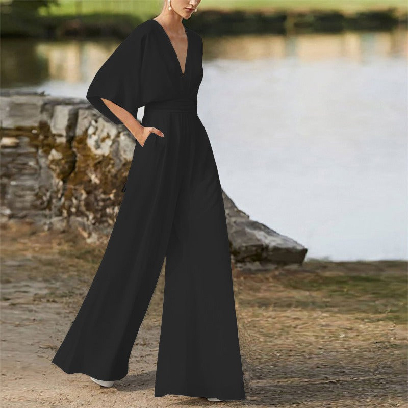 Jumpsuit deep V-high waist wide leg long pants women's dress