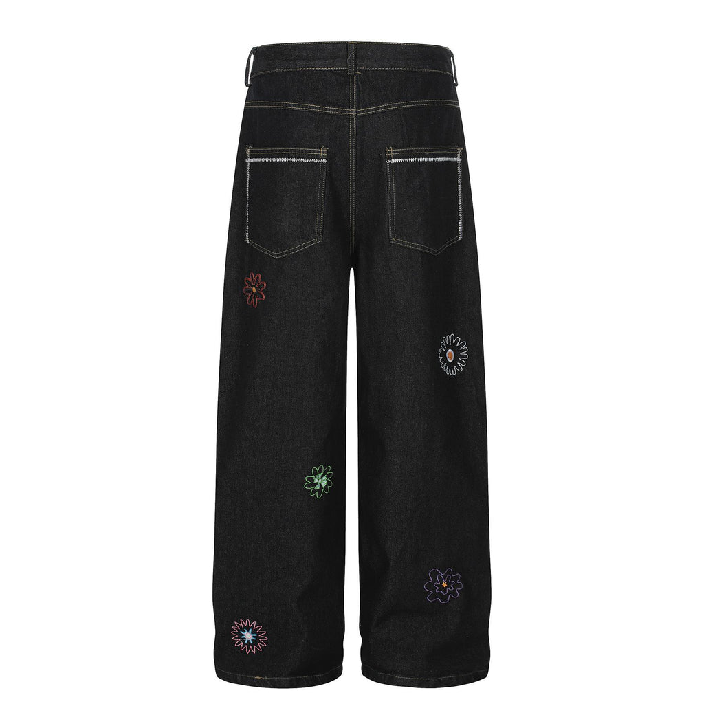 Embroidered sun flower straight tube slimming jeans