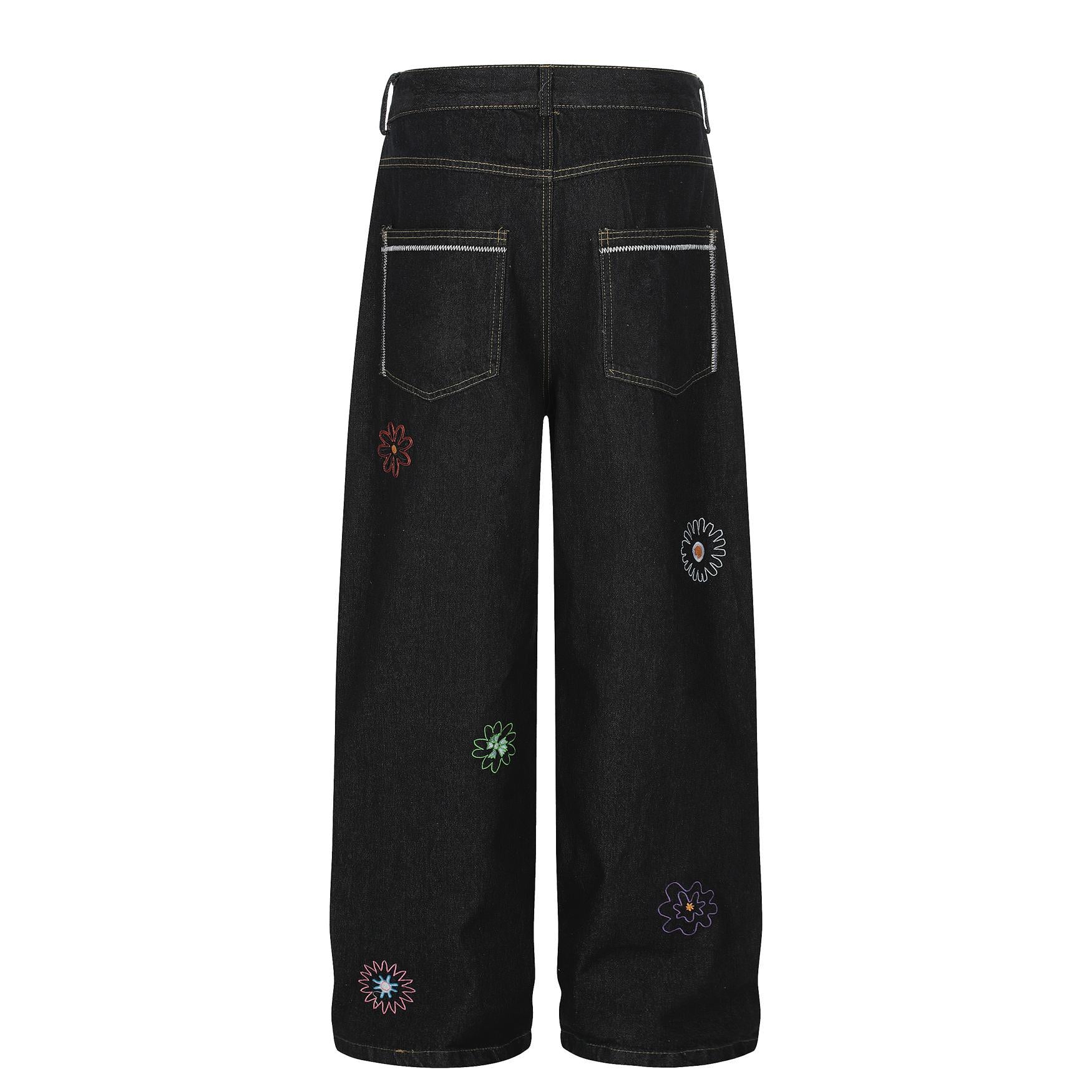 Embroidered sun flower straight tube slimming jeans