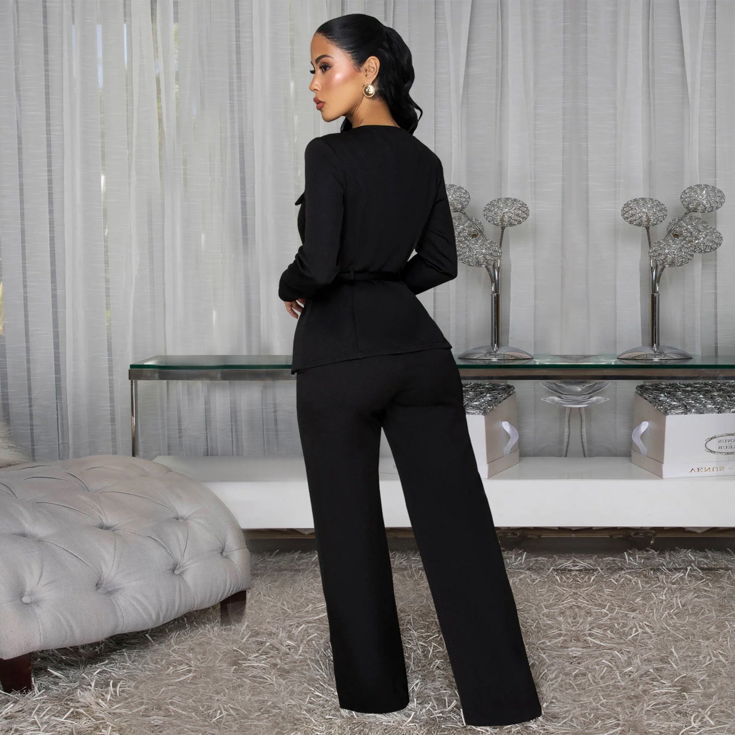 Fashionable Women's Slimming Belted Top and Pants Set