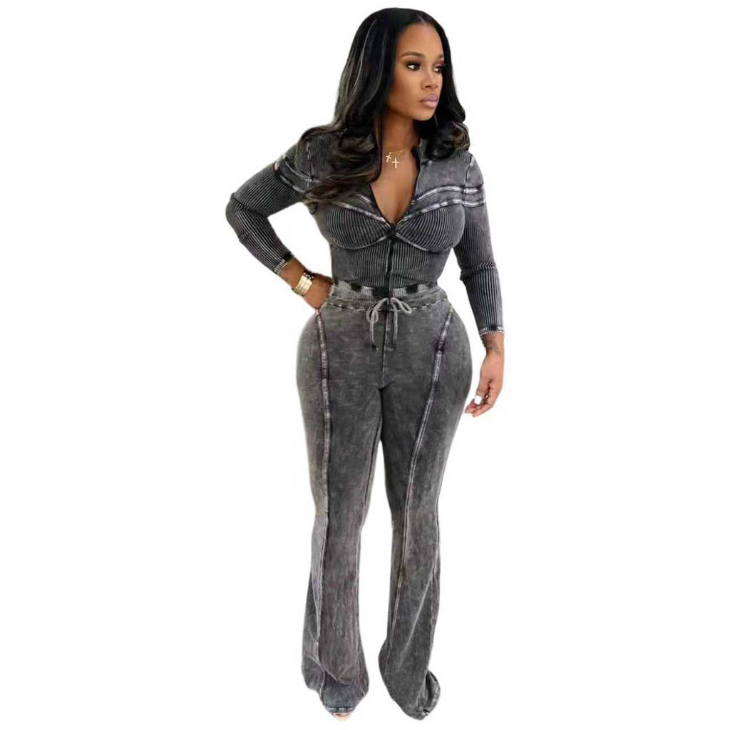Casual Fashion Patchwork Washed Distressed Two-Piece Set for Women
