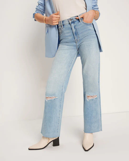 High waisted straight leg ripped loose cropped jeans