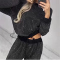 Style Autumn Winter Women's Starry Sky Long Sleeve Round Neck Loose Top with Drawstring Wide Leg Two-Piece Set