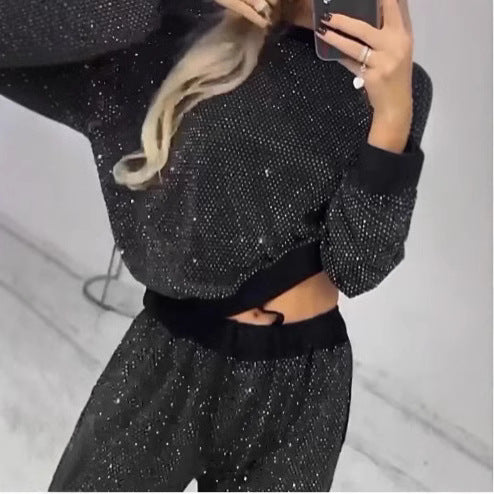 Style Autumn Winter Women's Starry Sky Long Sleeve Round Neck Loose Top with Drawstring Wide Leg Two-Piece Set