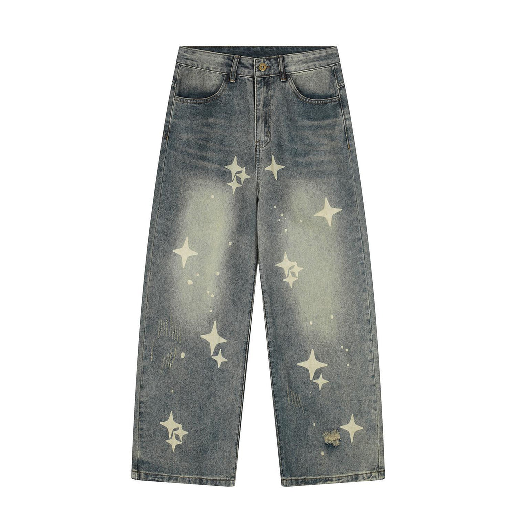 Retro hip-hop star print ripped jeans