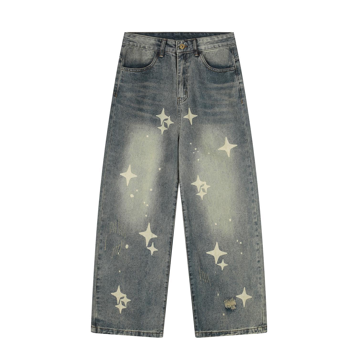 Retro hip-hop star print ripped jeans