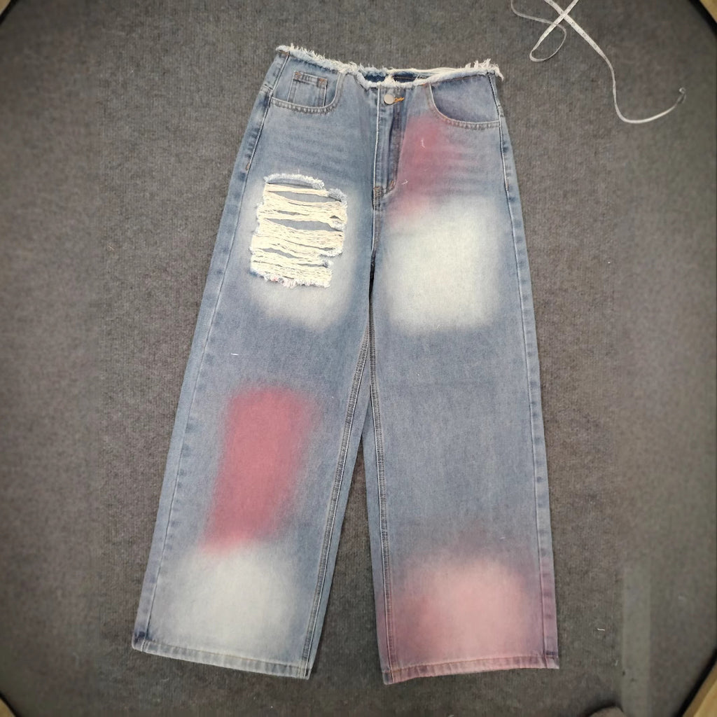 Tie dye ripped straight leg micro flared pants casual jeans
