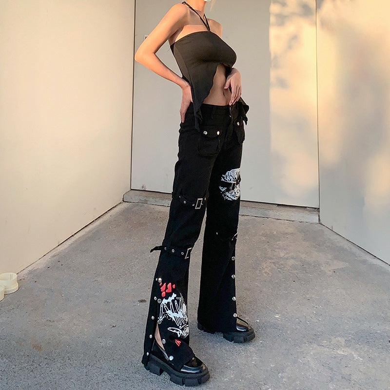 Metal buckle contrasting print high waisted workwear jeans for women
